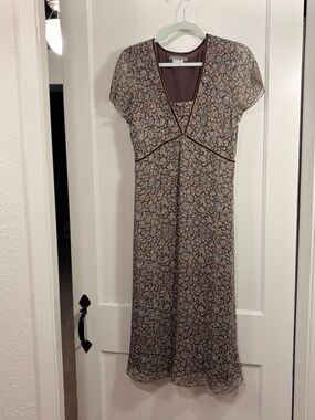 Isabella Bird 100% Silk Brown Floral Midi Dress, Size 12